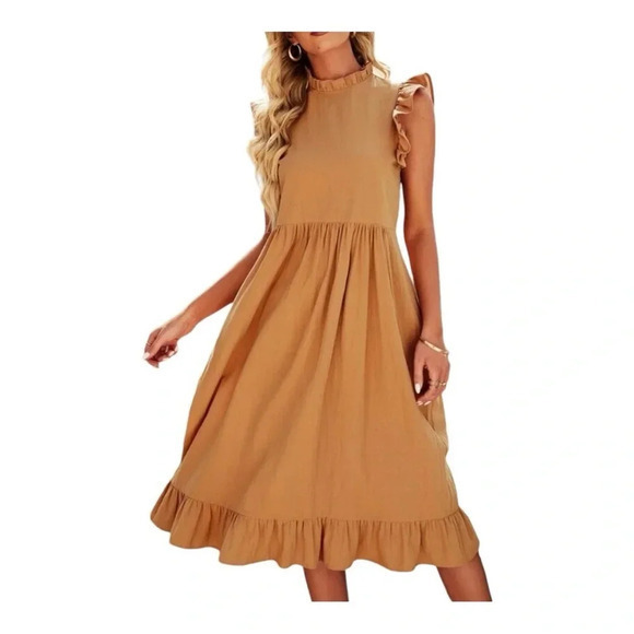 Smock Dress‎ Mock Neck Ruffle Trim Camel Flounce Cap Sleeve Women Size Large - Picture 1 of 10